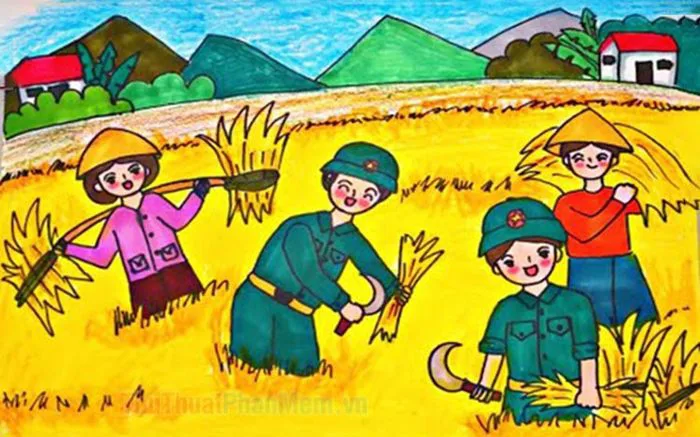 Những bức tranh vẽ gặt lúa đơn giản nhưng toát lên vẻ đẹp mộc mạc, chân thực .