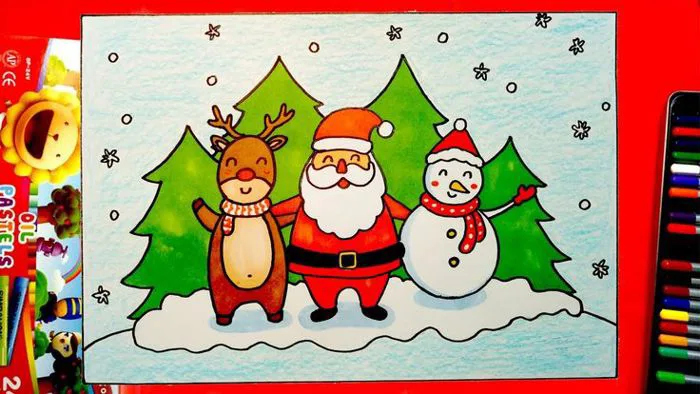 Vẽ tranh ông già noel và cây thông noel đơn giản đẹp nhất - Vẽ tranh noel
