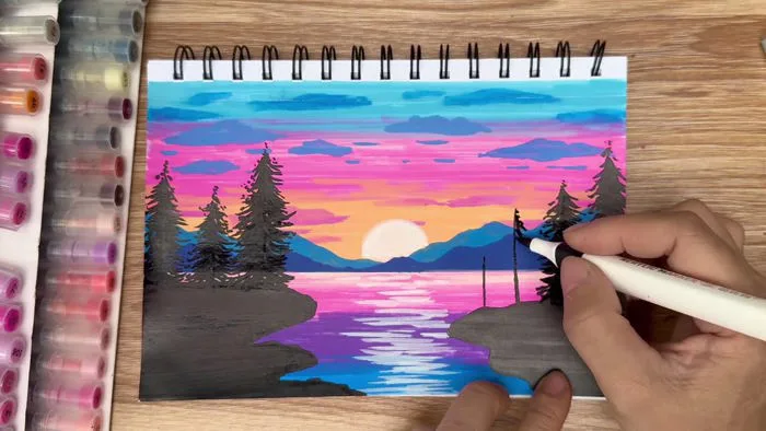 Vẽ tranh phong cảnh với màu acrylic marker #vetranh #drawing #tranhphongcanh