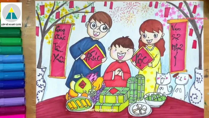 Vẽ tranh gia đình sum họp ngày Tết | vẽ tranh Tết | Draw happy lunar new  year