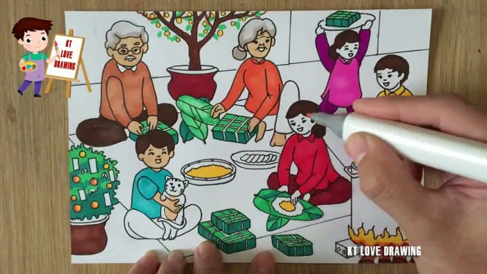 Vẽ tranh sum họp gia đình | Vẽ tranh ngày tết và mùa xuân | Vẽ tranh gia  đình gói bánh chưng tết