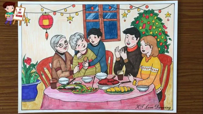 Vẽ tranh đề tài Gia đình: Bữa cơm sum họp ấm áp bên ông bà | How to draw  family