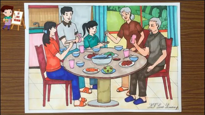 Vẽ tranh đề tài gia đình | Vẽ bữa cơm sum họp gia đình | How to draw family