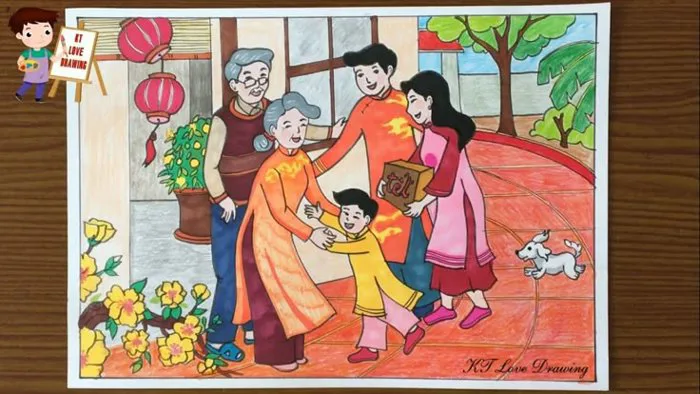 Vẽ tranh đề tài gia đình: Chúc Tết ông bà | Vẽ ngày tết và mùa xuân | How  to draw family