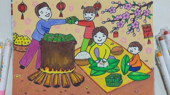 Vẽ gia đình gói bánh chưng ngày tết / Vẽ tranh chủ đề ngày Tết