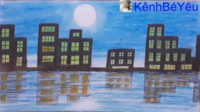Vẽ thành phố về đêm - Vẽ tranh sáp dầu;Drawing city at night - Painting oil  wax.