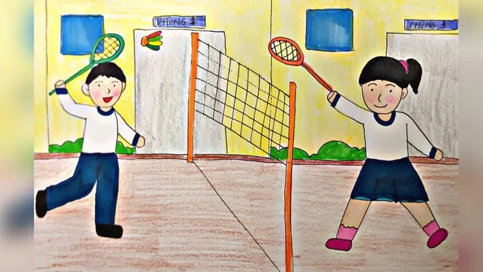 Vẽ về hoạt độngThể thao ở trường học đánh cầu lông | Vẽ tranh bài Em là nhà  vô địch cầu lông