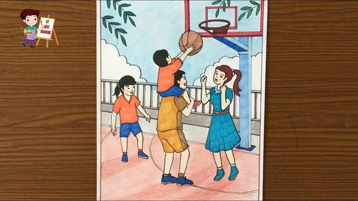 Vẽ tranh đề tài Gia đình: Vui chơi thể thao | Vẽ tranh gia đình |