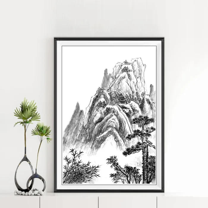 Tranh thuỷ mặc đẹp vẽ núi non cây cối TTM3864