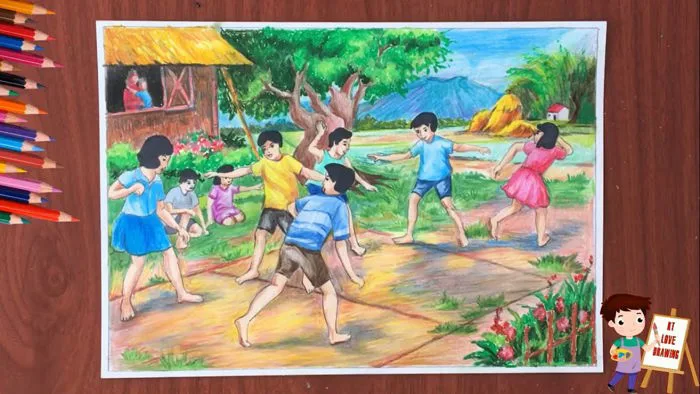Vẽ tranh trò chơi dân gian: Mùa hè ở quê em / How to draw the summer  vacation.