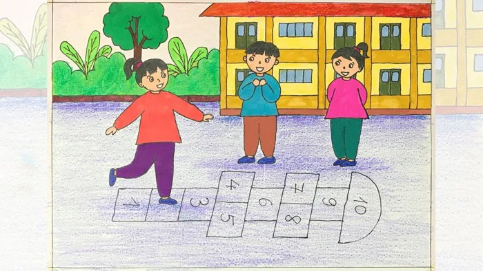Vẽ trường học hạnh phúc | Vẽ tranh trò chơi dân gian nhảy lò cò | Vẽ ngôi  trường hạnh phúc