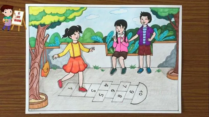 Vẽ tranh đề tài trò chơi dân gian: Trò chơi nhảy lò cò / Vẽ tranh vui chơi  / How to draw folk games | Vẽ tranh ước lệ, Tranh vẽ hoạt động