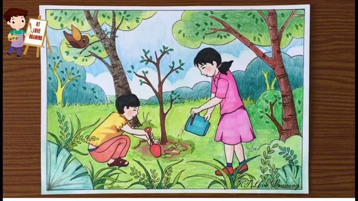 Vẽ tranh đề tài lao động: Trồng cây bảo vệ môi trường | How to paint