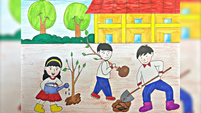 Vẽ tranh Bảo vệ môi trường Học sinh Trồng cây | Vẽ tranh trồng cây ở Ngôi  trường hạnh phúc