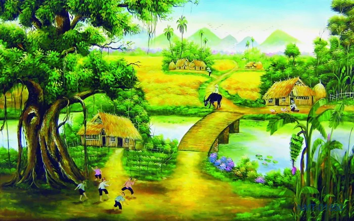Tranh dán tường 3D Tuổi thơ tôi - Tranh Đồng Quê Việt Nam