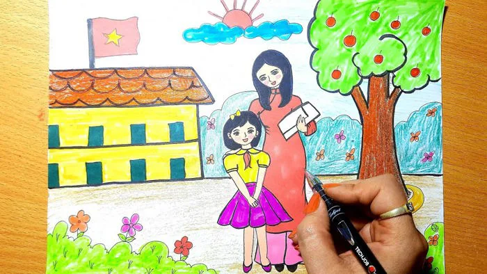 Vẽ tranh CÔ GIÁO VÀ HỌC SINH 20/11 Đơn giản II Ong Mật Mỹ Thuật #92
