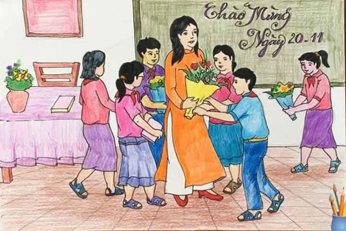 Tranh vẽ thầy cô và mái trường đẹp nhất